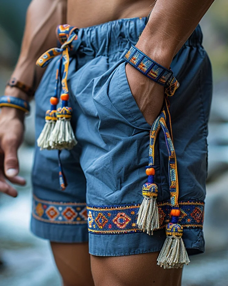 Men's Retro Tribal Embroidered Shorts