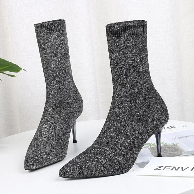 2020 Spring Autumn Sexy Sock Pointed Boots Large Size 42   High Heels for Women Fashion 7cm Glamour Black Ankle Boots  Female