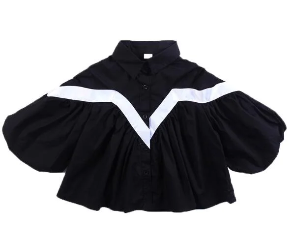 girls blouse Spring and Autumn Cotton Shirts Loose casual lantern sleeves pleated hem fashion V-shaped stitching all match tops