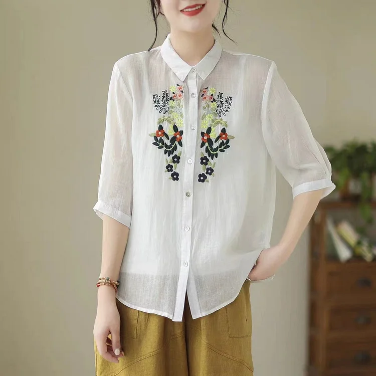 Summer Retro Embroidery Patchwork Linen Blouse