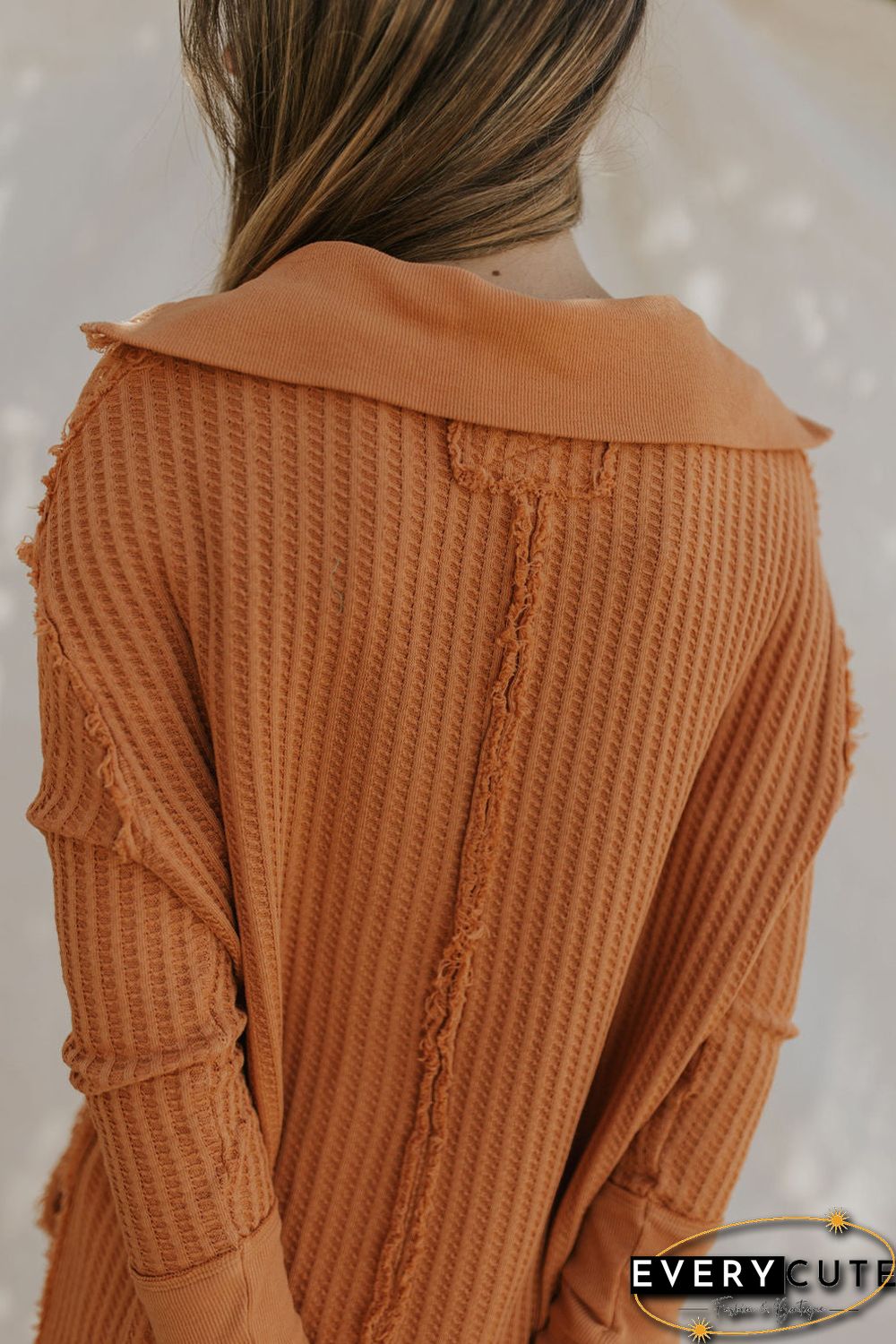 Orange Distressed Seam Trim Waffle Knit Top