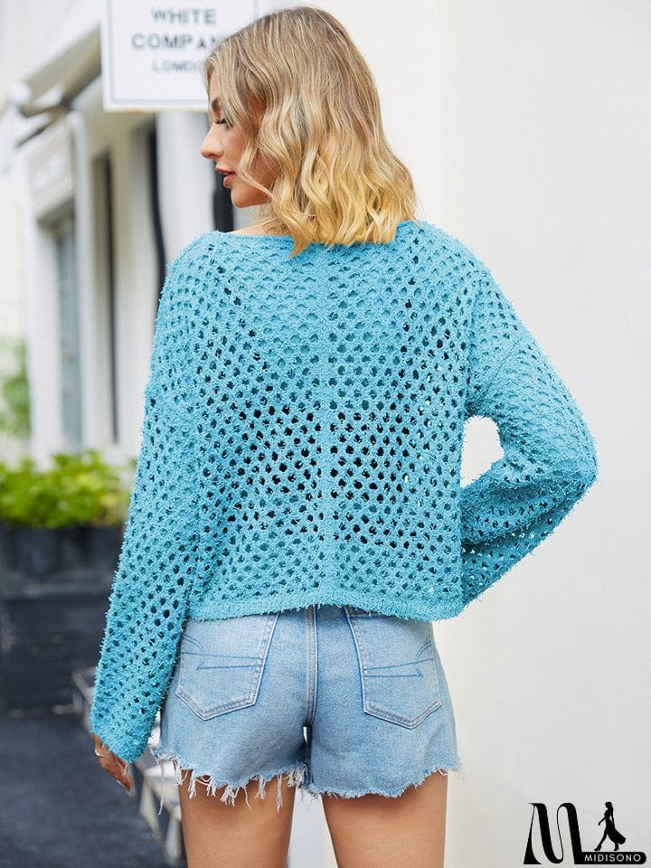 MidiSono - Round Neck Openwork Dropped Shoulder Knit Top