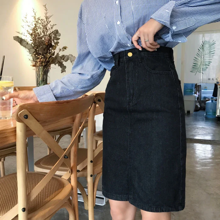 Skirts Women A-Line Knee-length Plus Size Button Fly High Waist Denim Vintage Elegant Lady Students Casual Fashion Simple Female