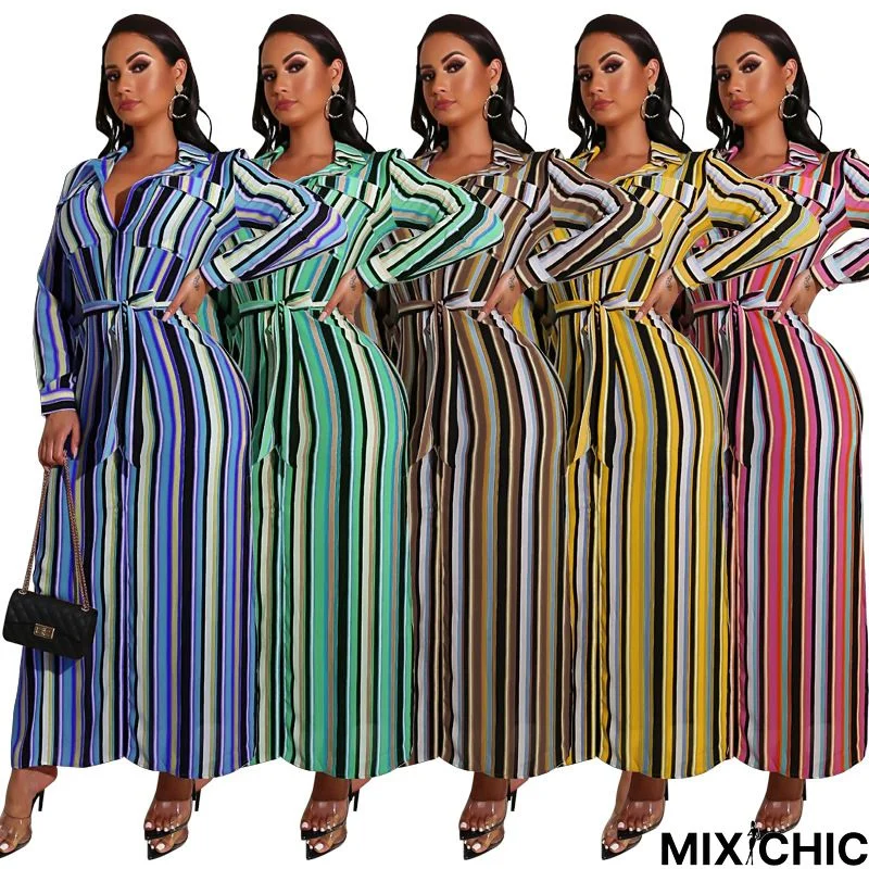 Striped Cardigan Lapel Fashion Slim Fit Plus Size Dress