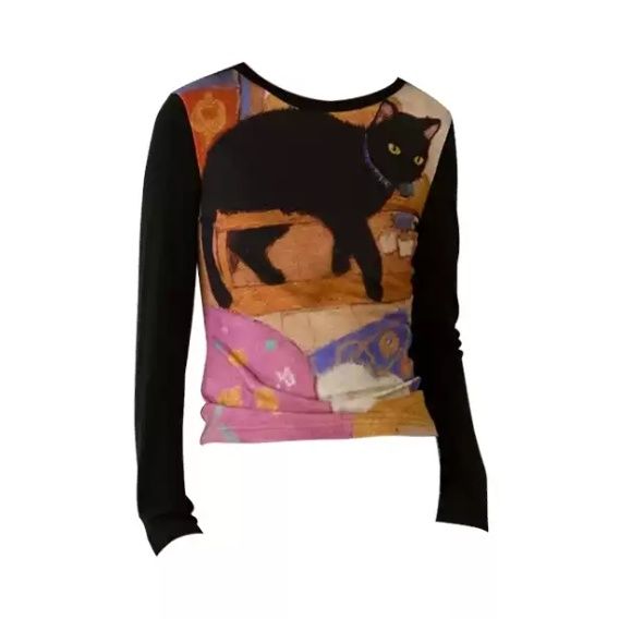 Thepearlpad Spring New Cat Printed Color Block Slim Fit  Long-sleeved Harajuku Kawaii Aesthetic Casual T-Shirts Vintage Style Clothing