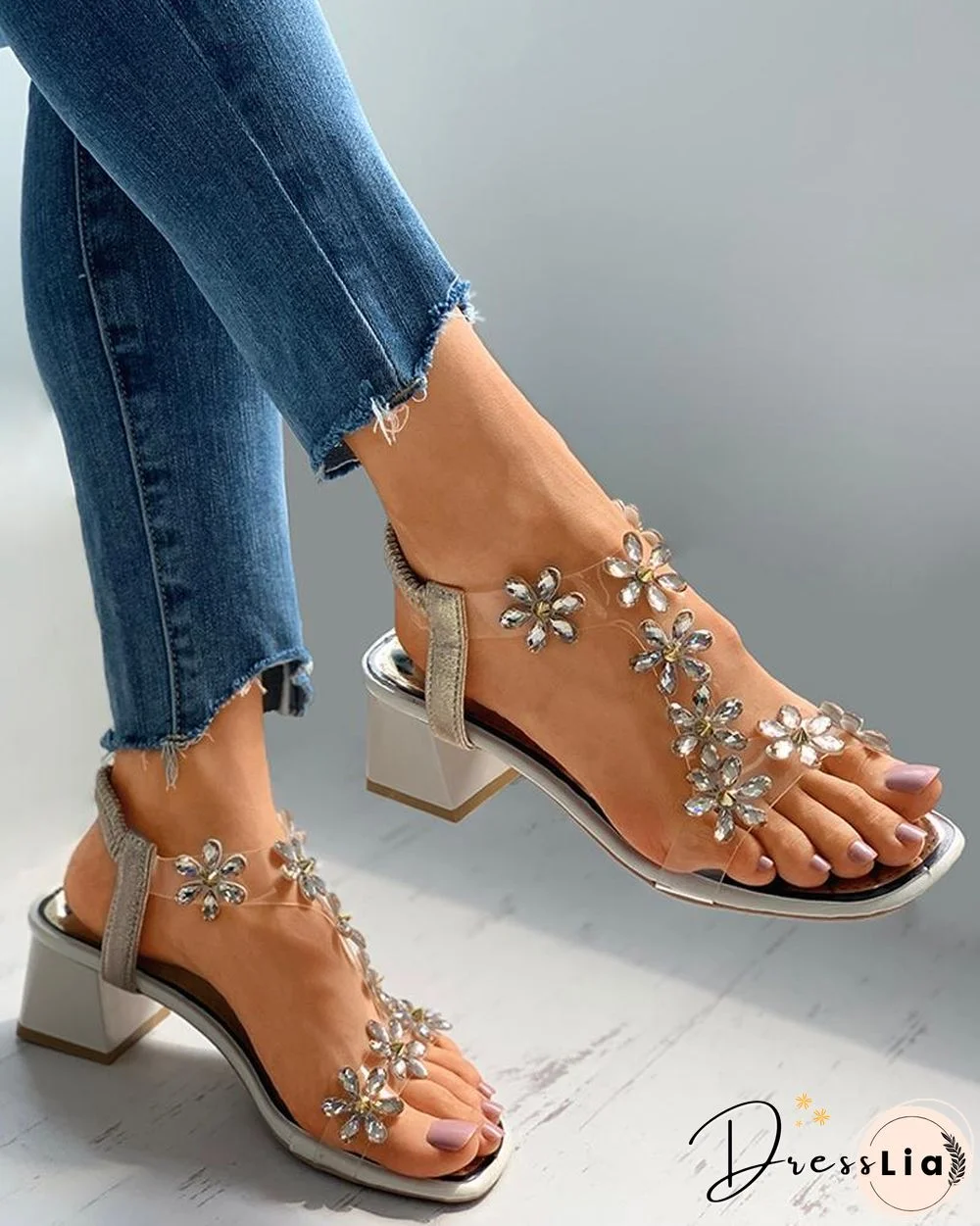 Floral Pattern Open Toe Clear Perspex Chunky Heels