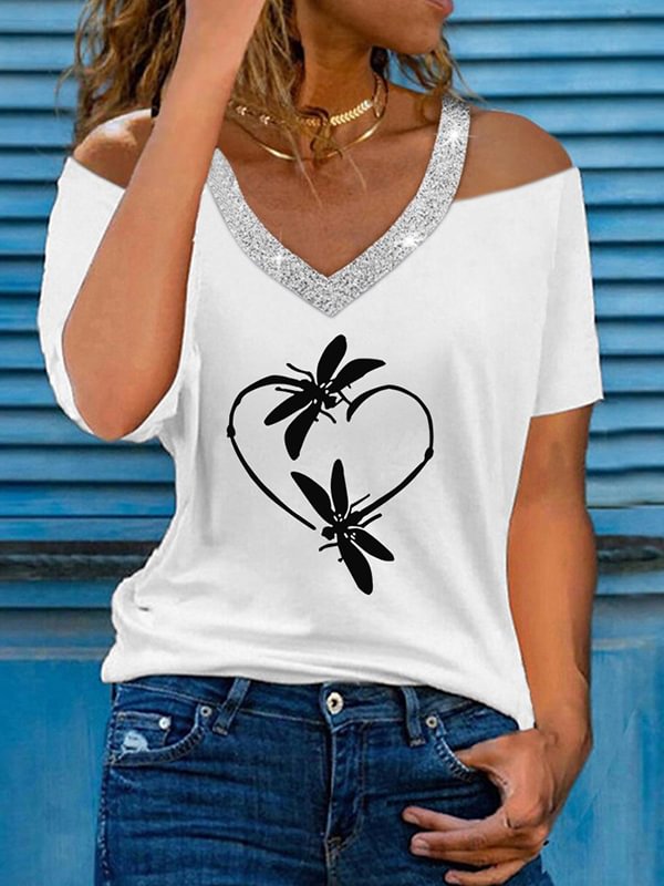 Dragonfly And Love Printed Cold-Shoulder Tee
