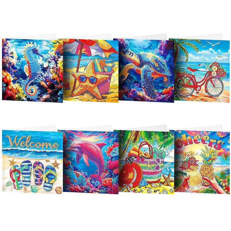 8Pcs Special Shape Summer Beach Diamond Art Greeting Cards Gifts for Kids Adults