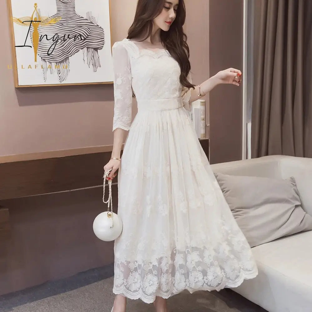 Ingvn - Fashion Trends Sexy Lace Ruffled Hollow Out See Through Evening Party Dress Elegant