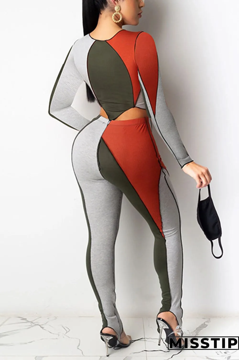 multicolor Casual Daily Solid Patchwork O Neck Long Sleeve Two Pieces