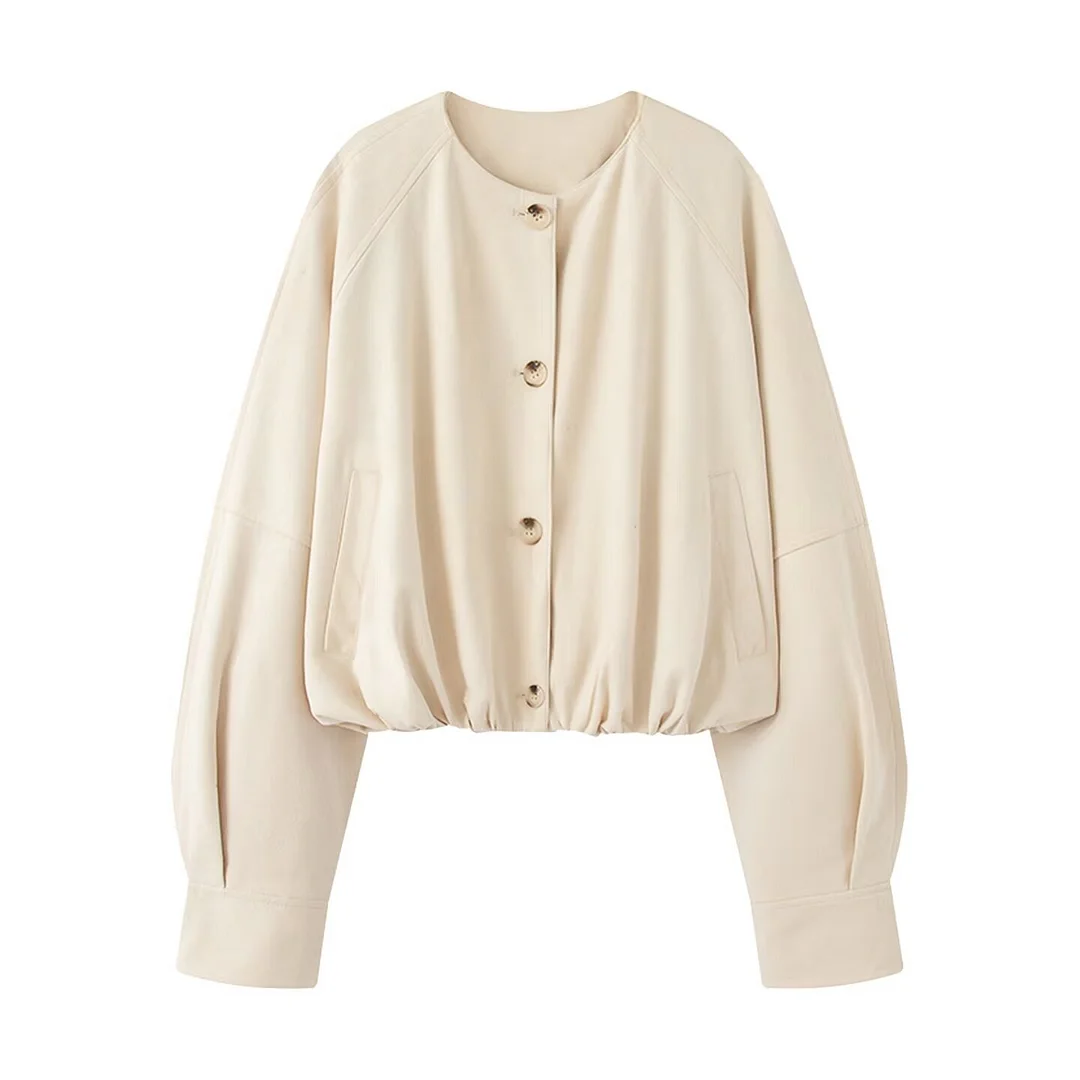 Nigikala Nigikala Women's Clothing 2025 Autumn Round-Neck Long-Sleeved PU Single-Button Jacket Jacket Women F825128F