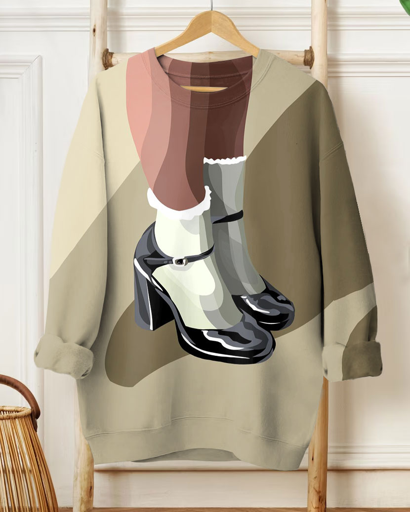Women's Fashion Casual High Heel Mary Janes Print Long Sleeve Sweatshirt