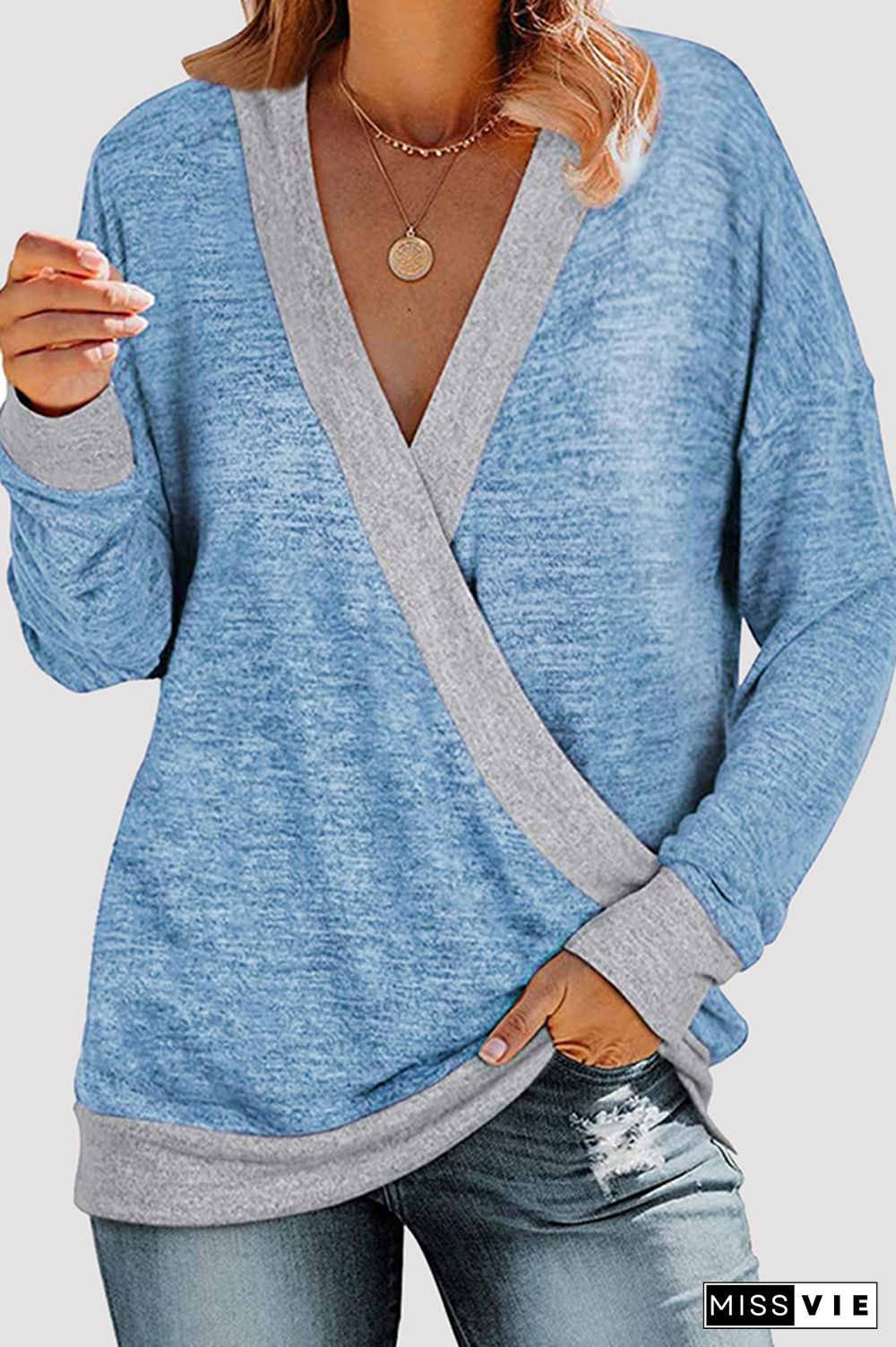 Casual Patchwork Basic Contrast V Neck Tops