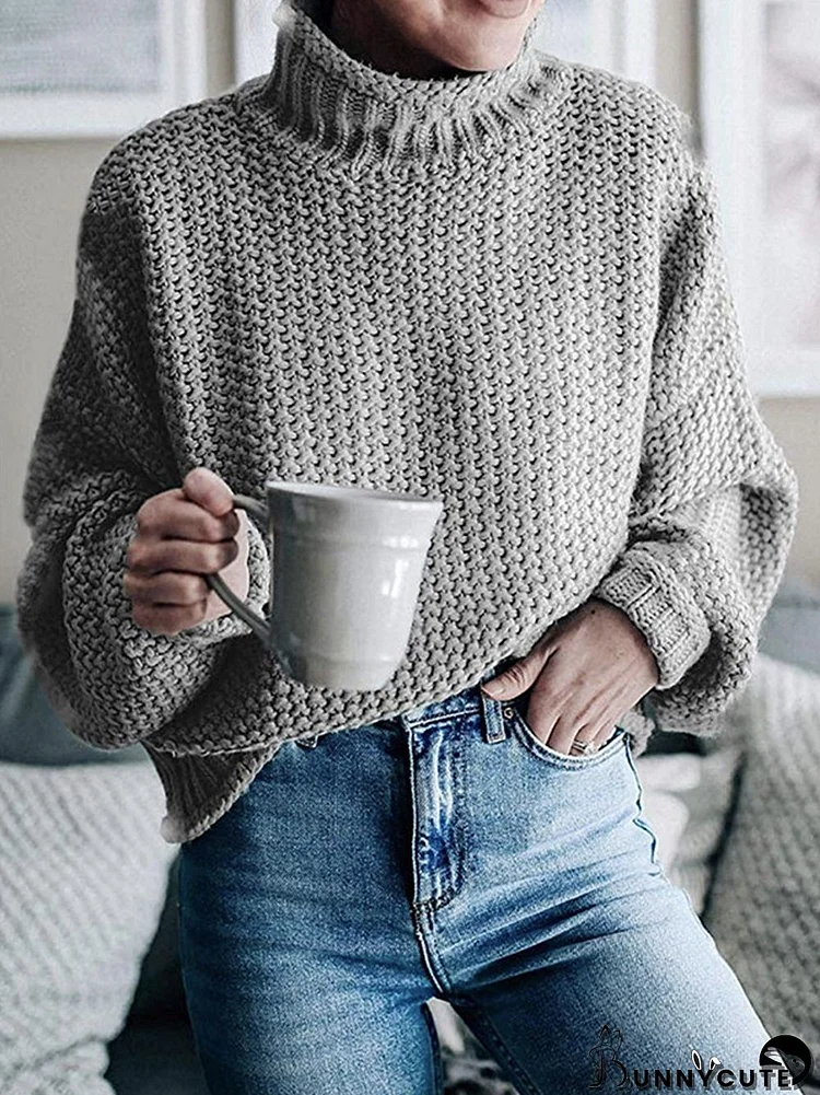 Casual Long Sleeves Solid Color High-Neck Sweater Tops