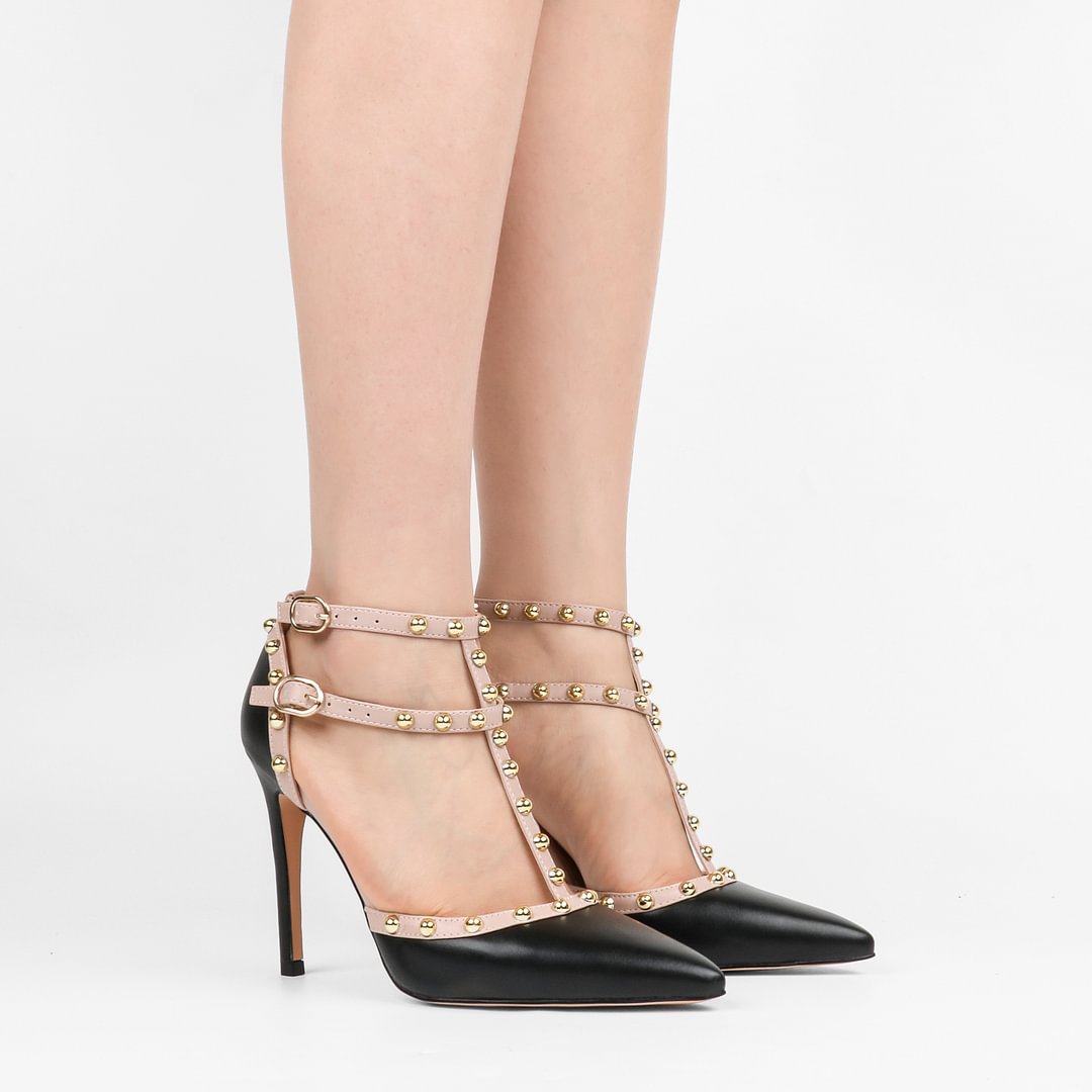 100mm Womens Pointed Toe Pumps Round Rivets Ankle Strap Sandals-MERUMOTE