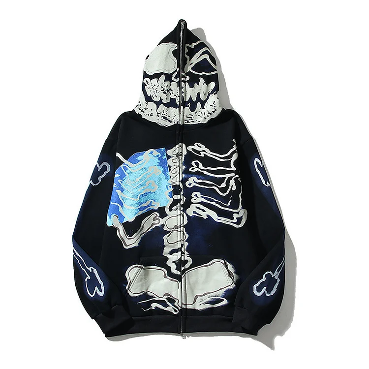 Hip Hop Fragment Skull Print Full Zip Hoodies Men Retro Oversized Casual Sweatshirts-VESSFUL