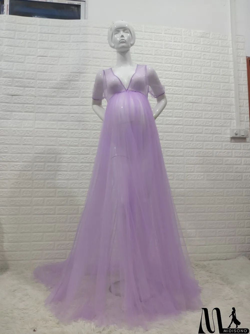 MidiSono - Women Summer Purple Sweet V-neck Short Sleeves Solid Lace Maternity Dress