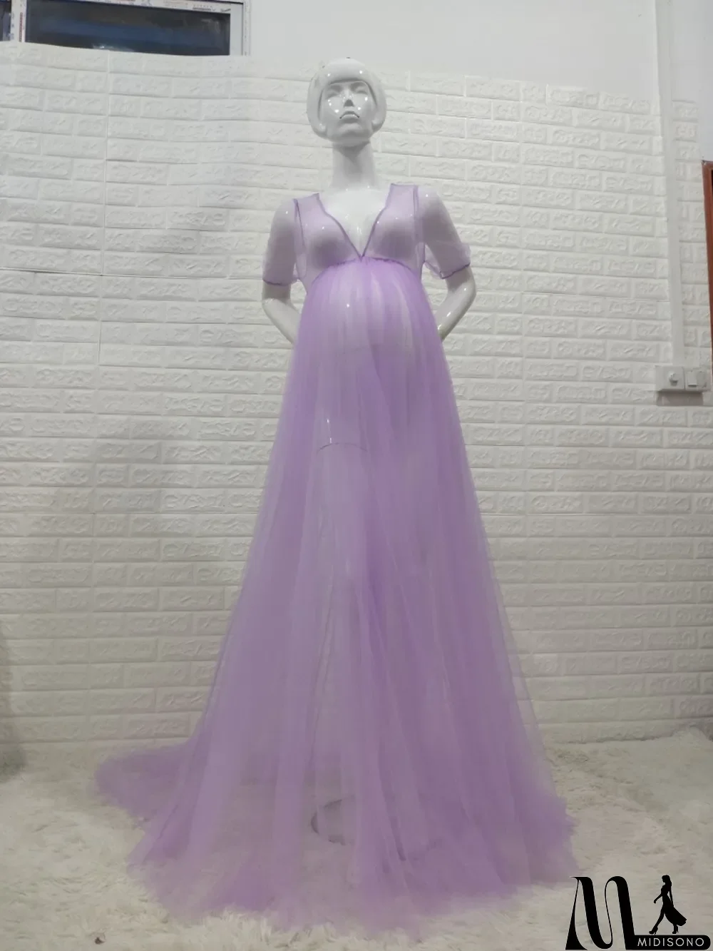 MidiSono - Women Summer Purple Sweet V-neck Short Sleeves Solid Lace Maternity Dress