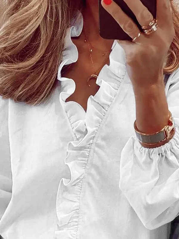 High Waisted Puff Sleeves Falbala Solid Color V-Neck Maxi Dresses