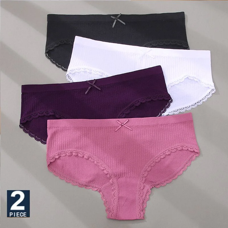 FINETOO 2PCS/Set M-2XL Women Seamless Sexy Panties Cute Bownot 6 Solid Color Girl Underwear Briefs Lingerie Underpant Lace Panty