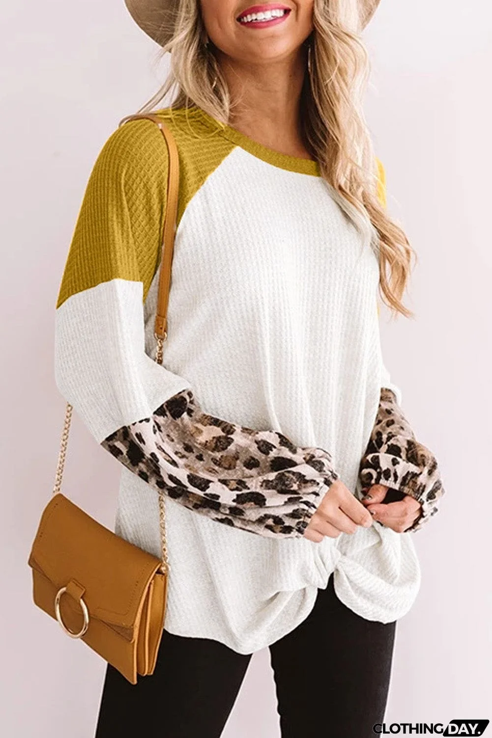 Long Sleeve Waffle Knit Orange Blouse with Twist Knot