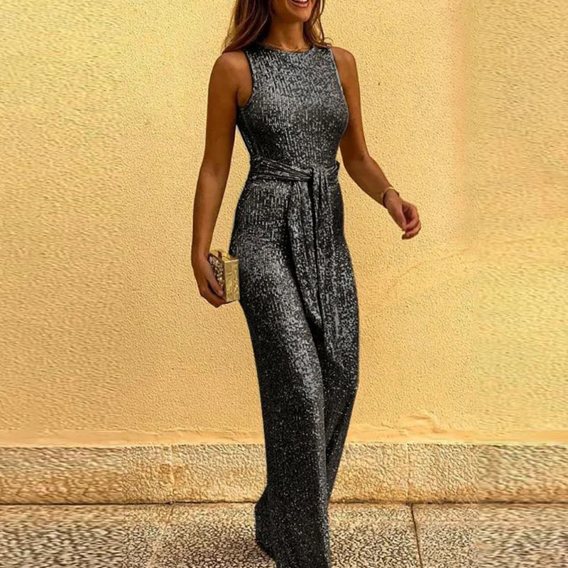 Round Neck Sleeveless Sequined Silver Dot Jumpsuit
