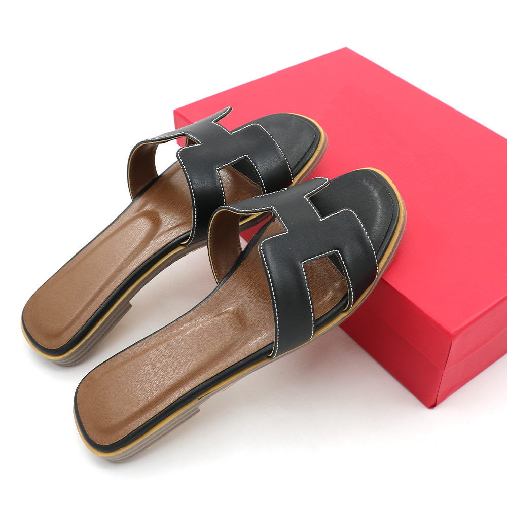H-shape Leather Slipper Black Matte-vocosishoes