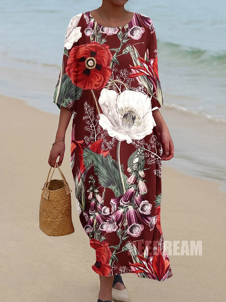 Womens Elegant Art Poppy Pattern Pocket Cotton Dress
