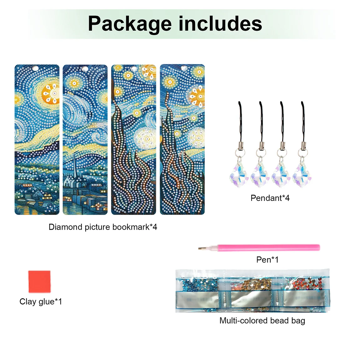 4Pcs Starry Night View DIY Diamond Bookmark Art Projects Irregular Shaped Diamonds Diamond Painting Art Bookmarks with Crystal Pendants for DIY Making Beginners Adult Art Craft Supplies