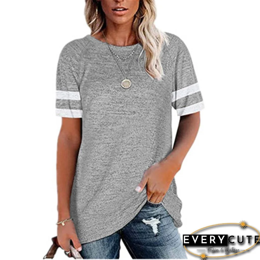 Light Gray Splicing Stripe Short Sleeve T Shirt