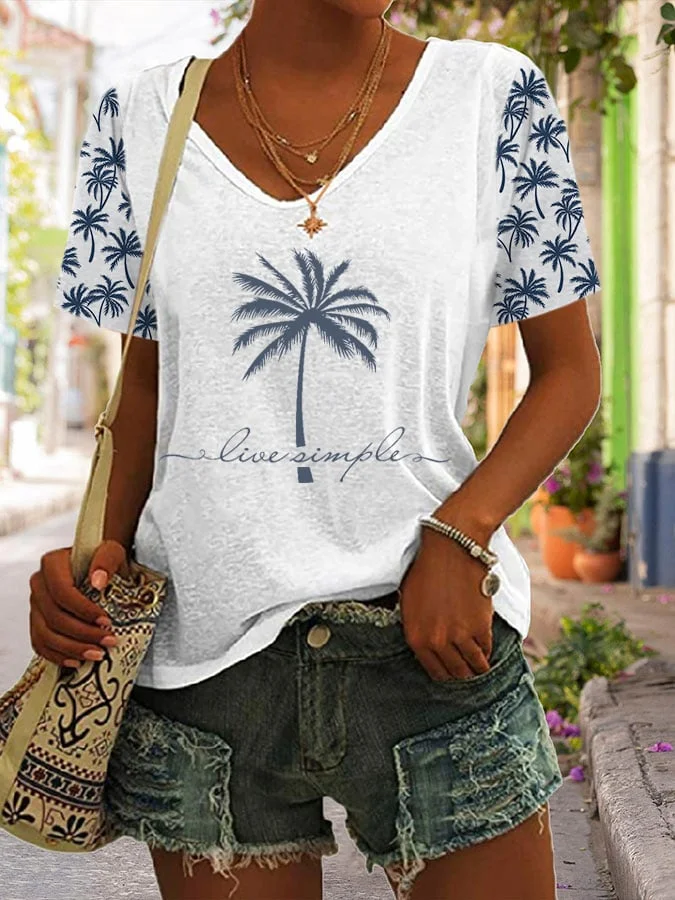 Women's V Neck Coconut Tree Print Short Sleeve T-Shirt-mysite