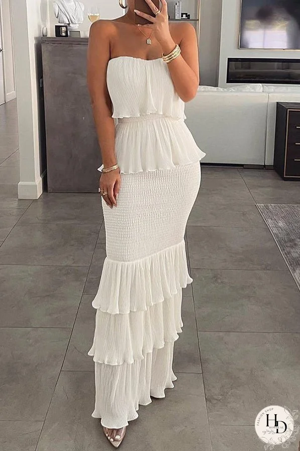 Cedric Off Shoulder Shirred Ruffle Hem Layered Dress