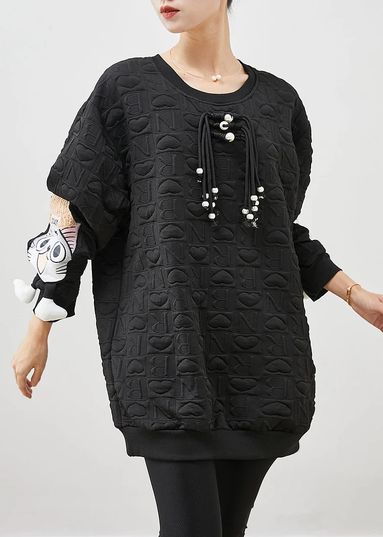 Black Loose Cotton Pullover Streetwear Tasseled Spring