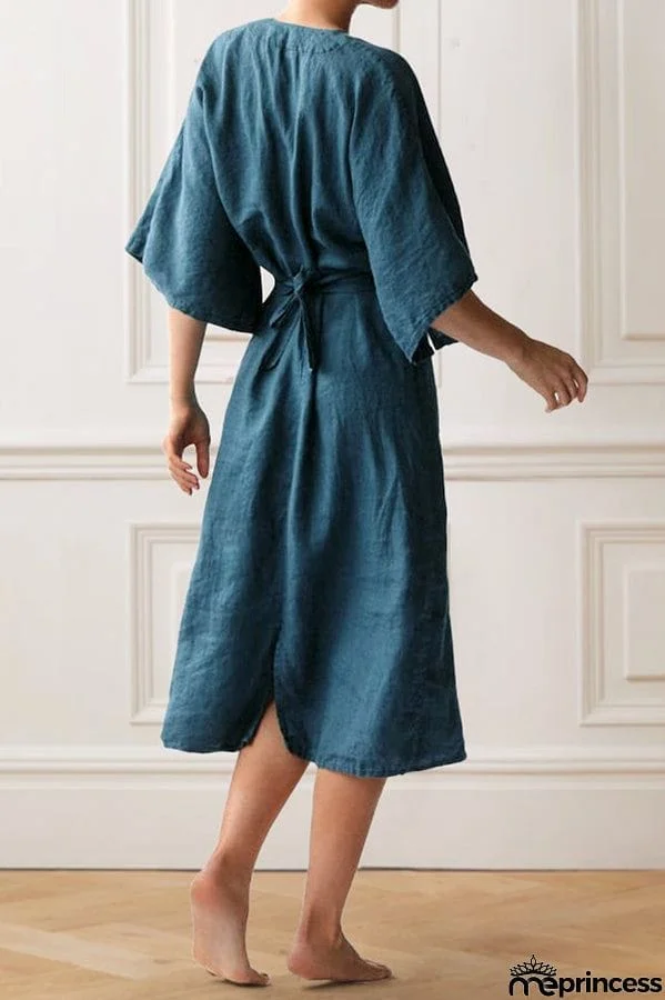 V Neck Slit Bat Sleeve Midi Dress