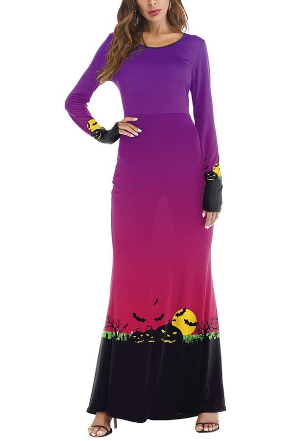 Long Sleeve Halloween Night Bat Print Maxi Dress Purple-elleschic