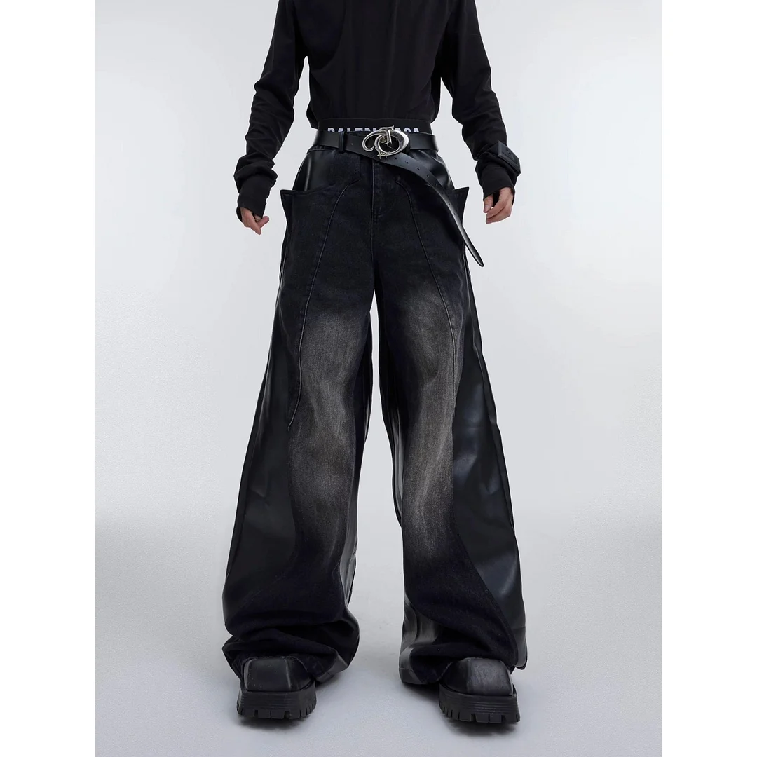 Aonga Y2k Retro Washed Splicing Jeans for Men New Hip Hop Punk PU Leather Baggy Jeans Straight Casual Black Denim Trousers Streetwear aonga