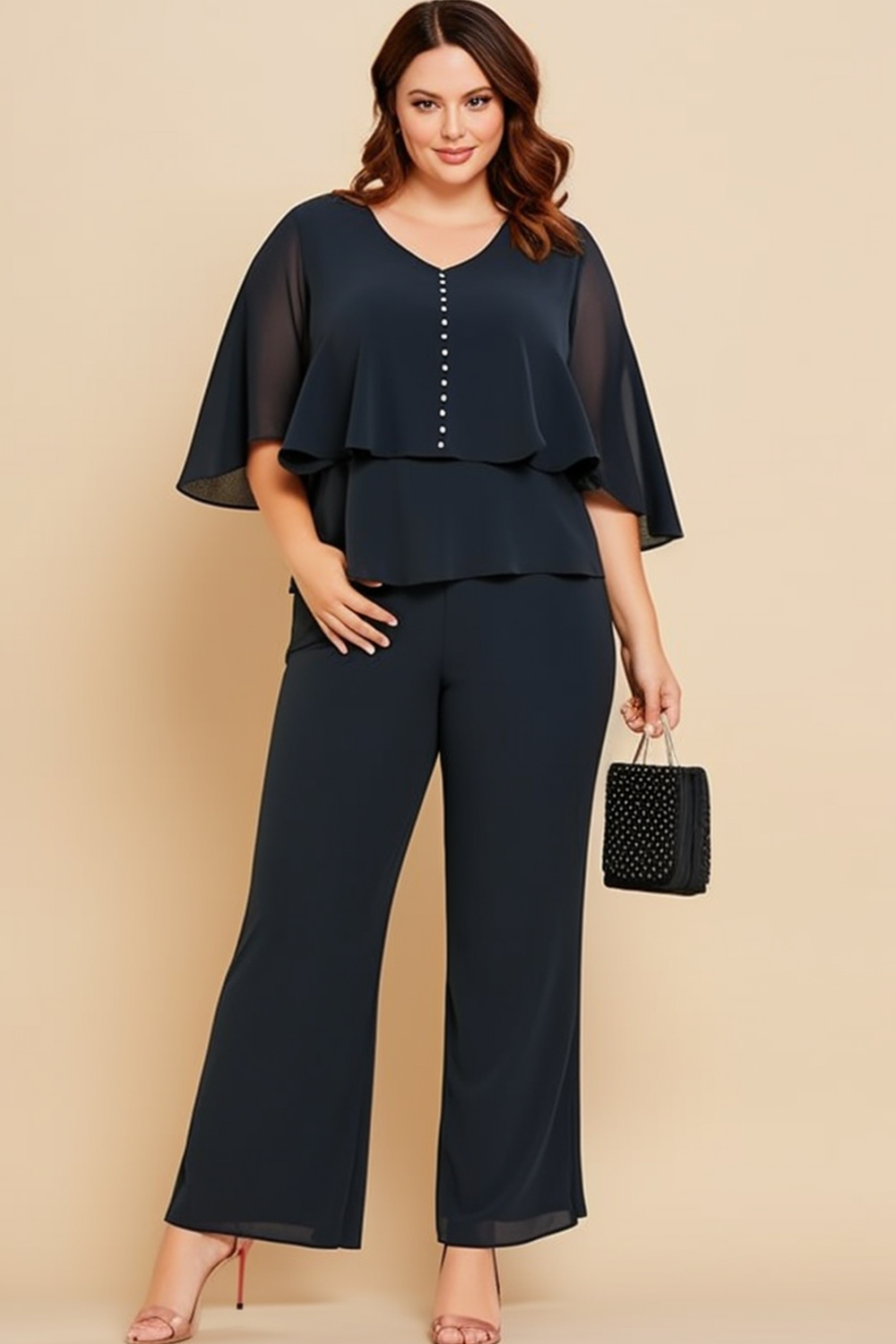 Flycurvy Plus Size Mother Of The Bride Navy Blue Chiffon V Neck Cape Sleeve Two Piece Pant Suit