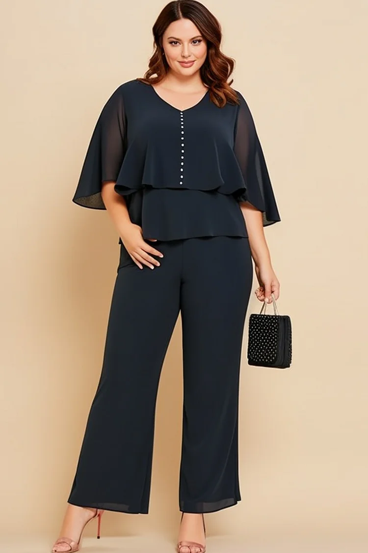 Flycurvy Plus Size Mother Of The Bride Navy Blue Chiffon V Neck Cape Sleeve Two Piece Pant Suit  Flycurvy [product_label]