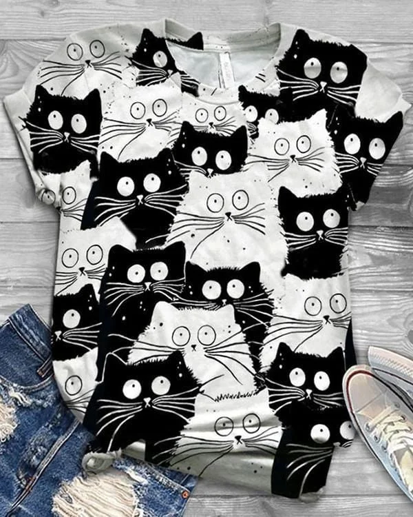 Women's Black and White Cat Print Short Sleeve T-Shirt