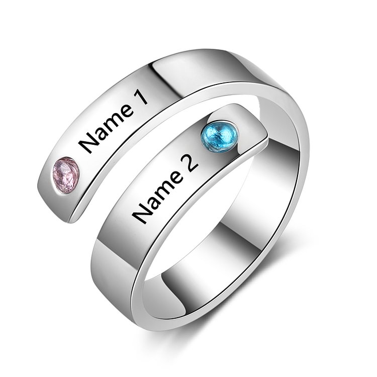 2 anillos de 2 nombres ajustables personalizados con 2 piedras de nacimiento