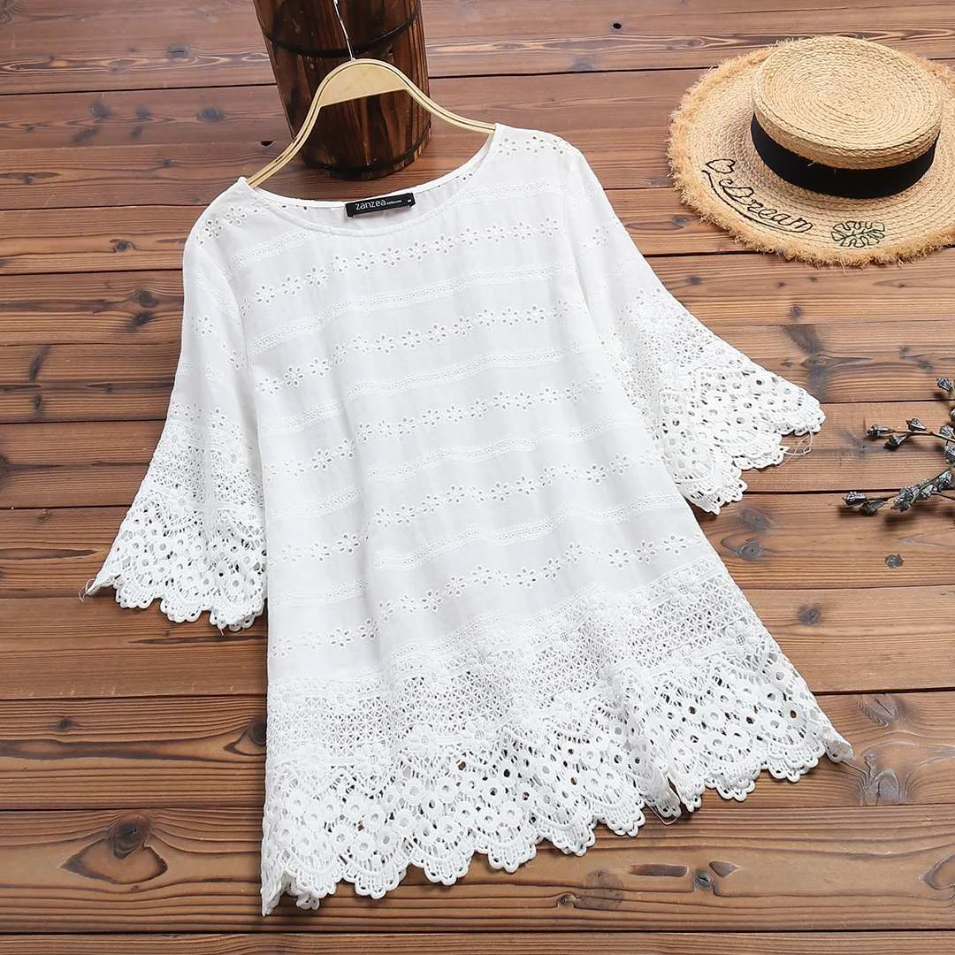 ZANZEA 2022 Summer Women Cotton White Blouse Sweet Girl Hollow Out Embroidery Lace Half Sleeve Shirt Work Tunic Blusas Tops
