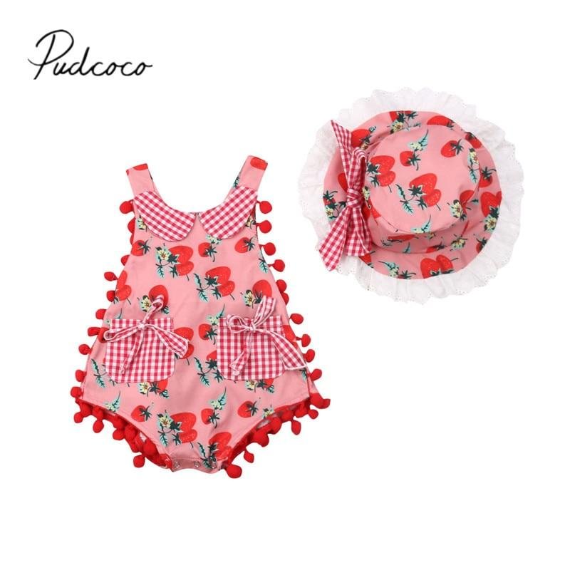 2019 Baby Summer Clothing Newborn Infant Baby Girl Strawberry Romper Tassels Balls Cute Jumpsuit Hat 2Pcs Sunsuit Clothes Set