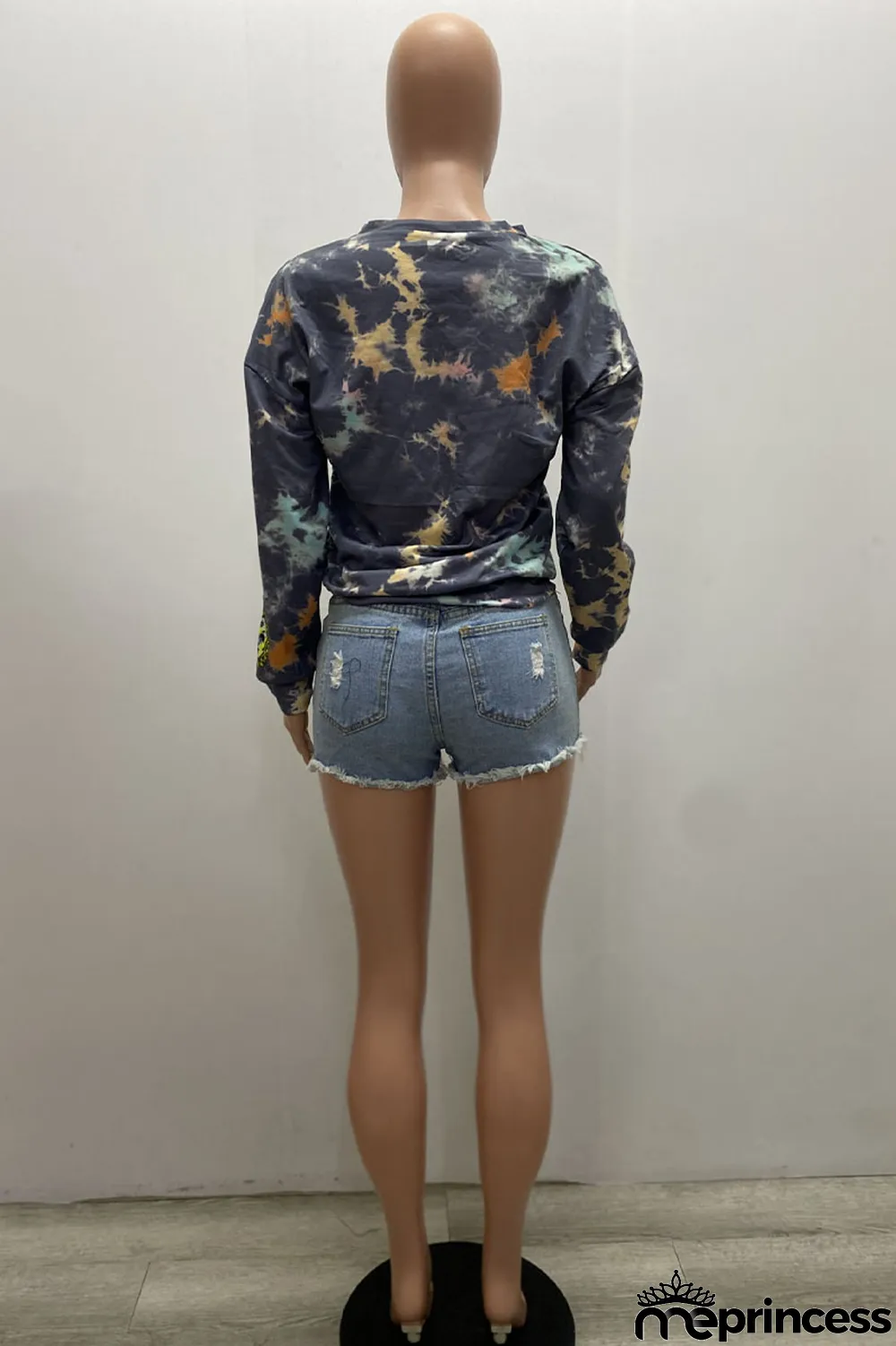 Grey Casual Blending Print Split Joint Tie-dye O Neck Tops