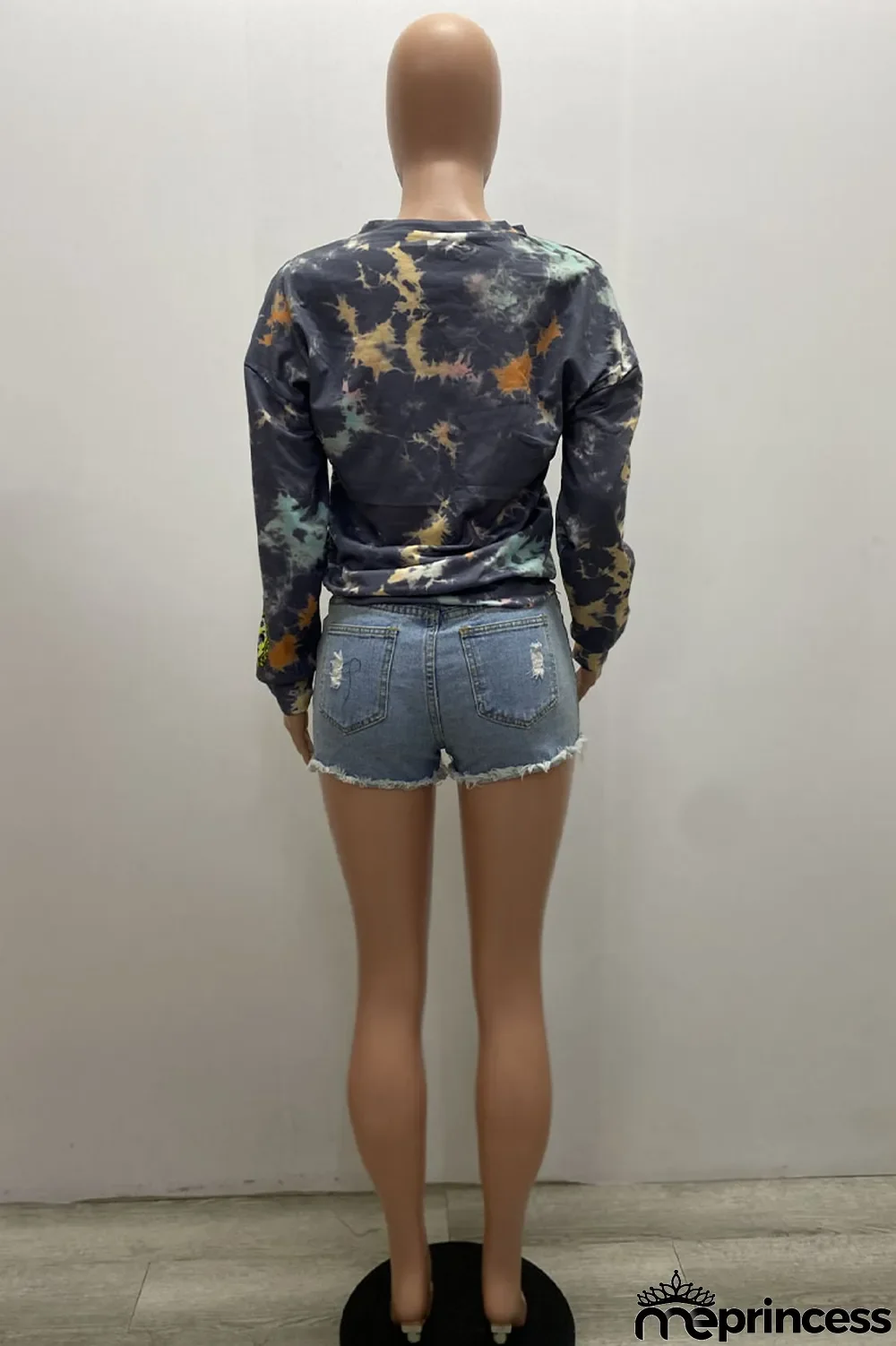Grey Casual Blending Print Split Joint Tie-dye O Neck Tops