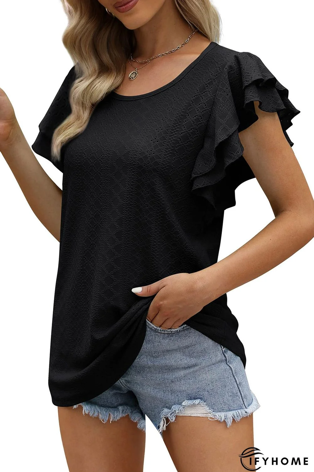 Black Rhombus Textured Ruffle Short Sleeve Blouse | IFYHOME