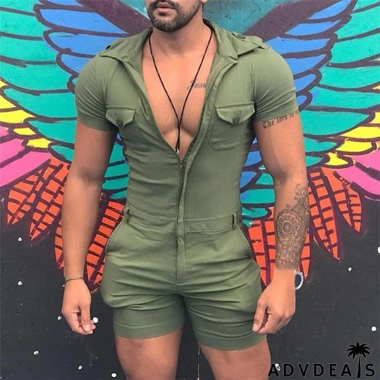 S-5XL Men Fashion Solid Color Zipper Short Sleeve Rompers