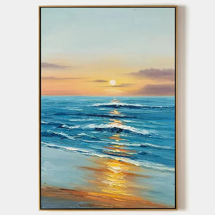 SUNKISSED SHORES: Vertical Ocean Sunset Painting, Beach Wall Art（Canvas painting）