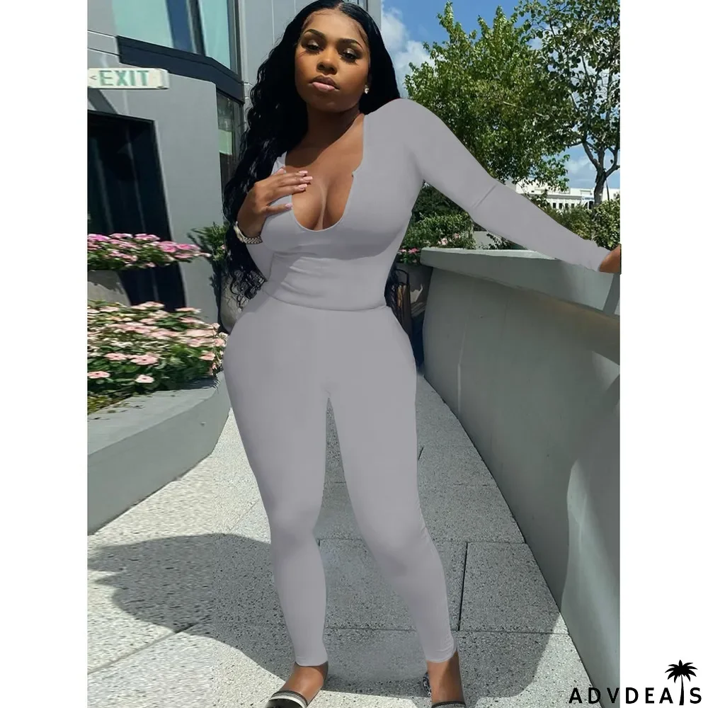 Solid Long Sleeve Stretchy Slim Two Piece Pants Set