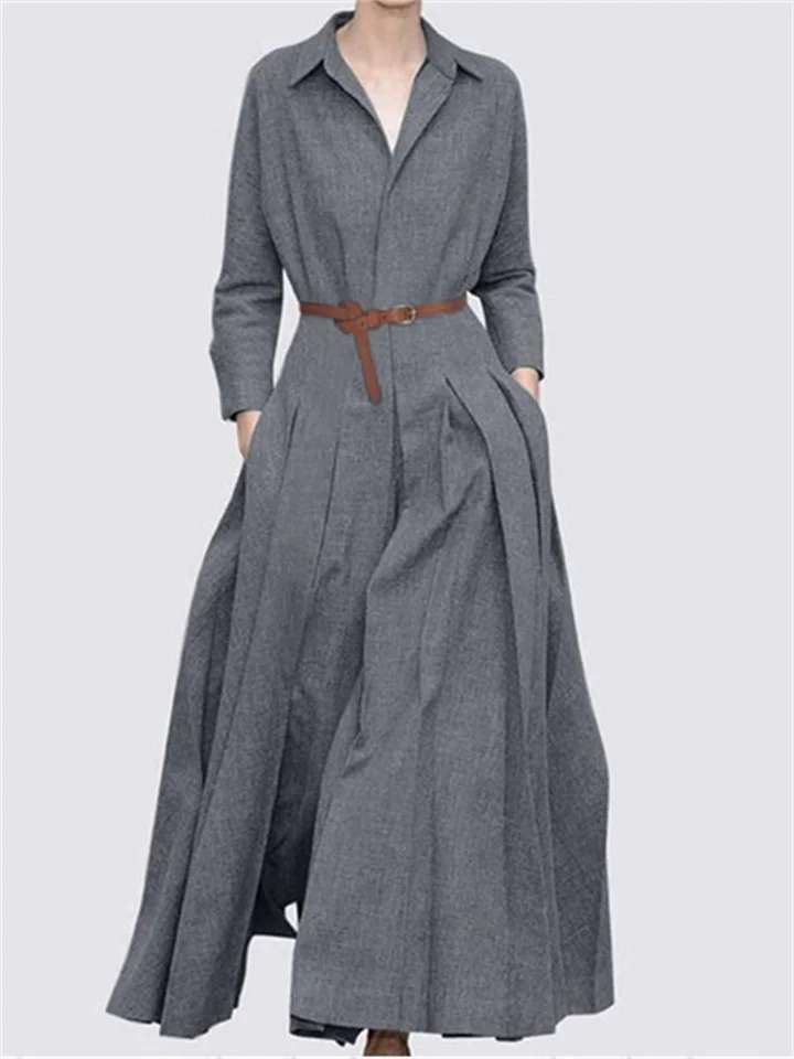 Belt-free Solid Color Loose Long Sleeve Lapel Casual Dress-Mixcun