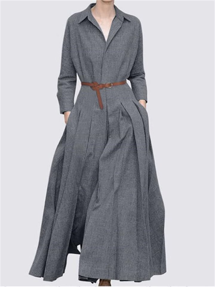 Belt-free Solid Color Loose Long Sleeve Lapel Casual Dress | EGEMISS